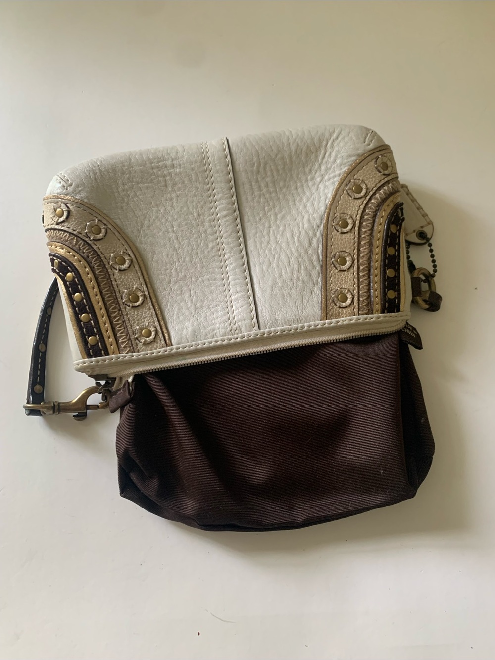 Coach Soho Embroidered Stitch Studded Wristlet, Pebbled White Leather, Gold Stud - Picture 12 of 14